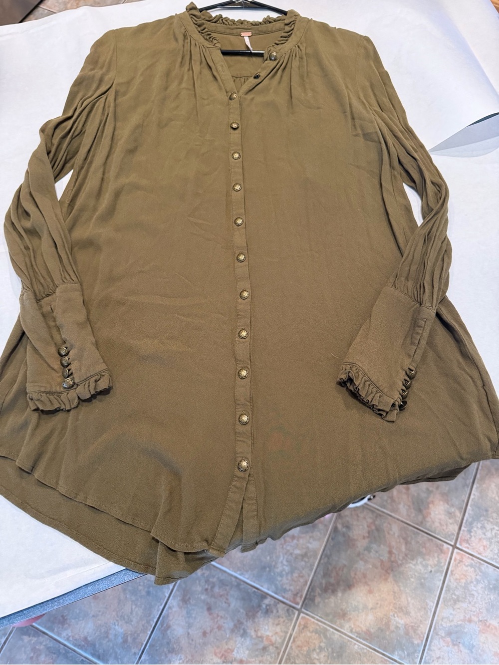 Free People Olive Green Button-Front Long Sleeve Blouse
